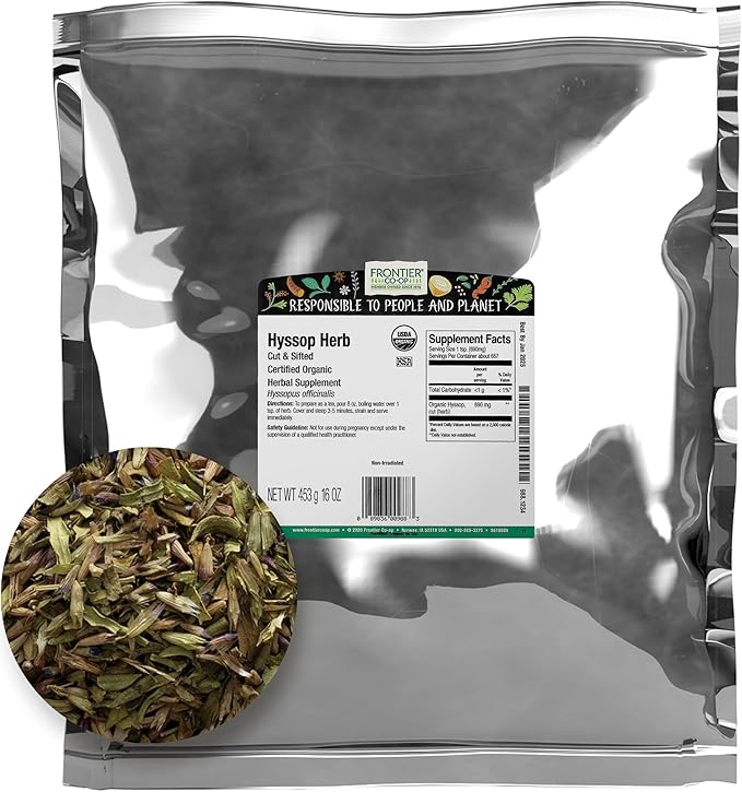 Frontier Co-op Organic Hyssop Herb, 1lb Bulk Bag, Cut & Sifted | 100% Natural Dried Hyssop Leaves | Ideal for Hyssop Tea, Soup, Salads and More, Kosher